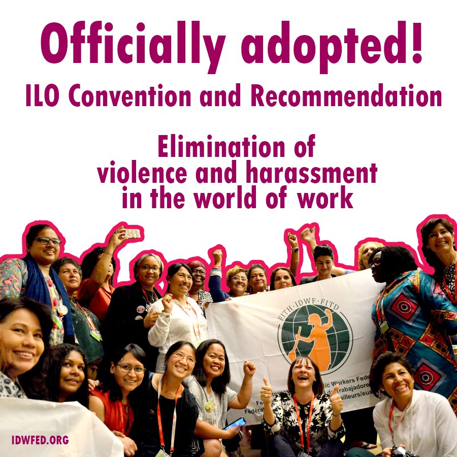 ILC108:  On June 21, the ILO's new Convention 190 and Recommendation on Violence  and Harassment at Work have been officially adopted!
#IEWorkers #domesticworkers #TrabajadorasdelHogar #ILO100 #ILC2019 #OIT100 #CIT2019