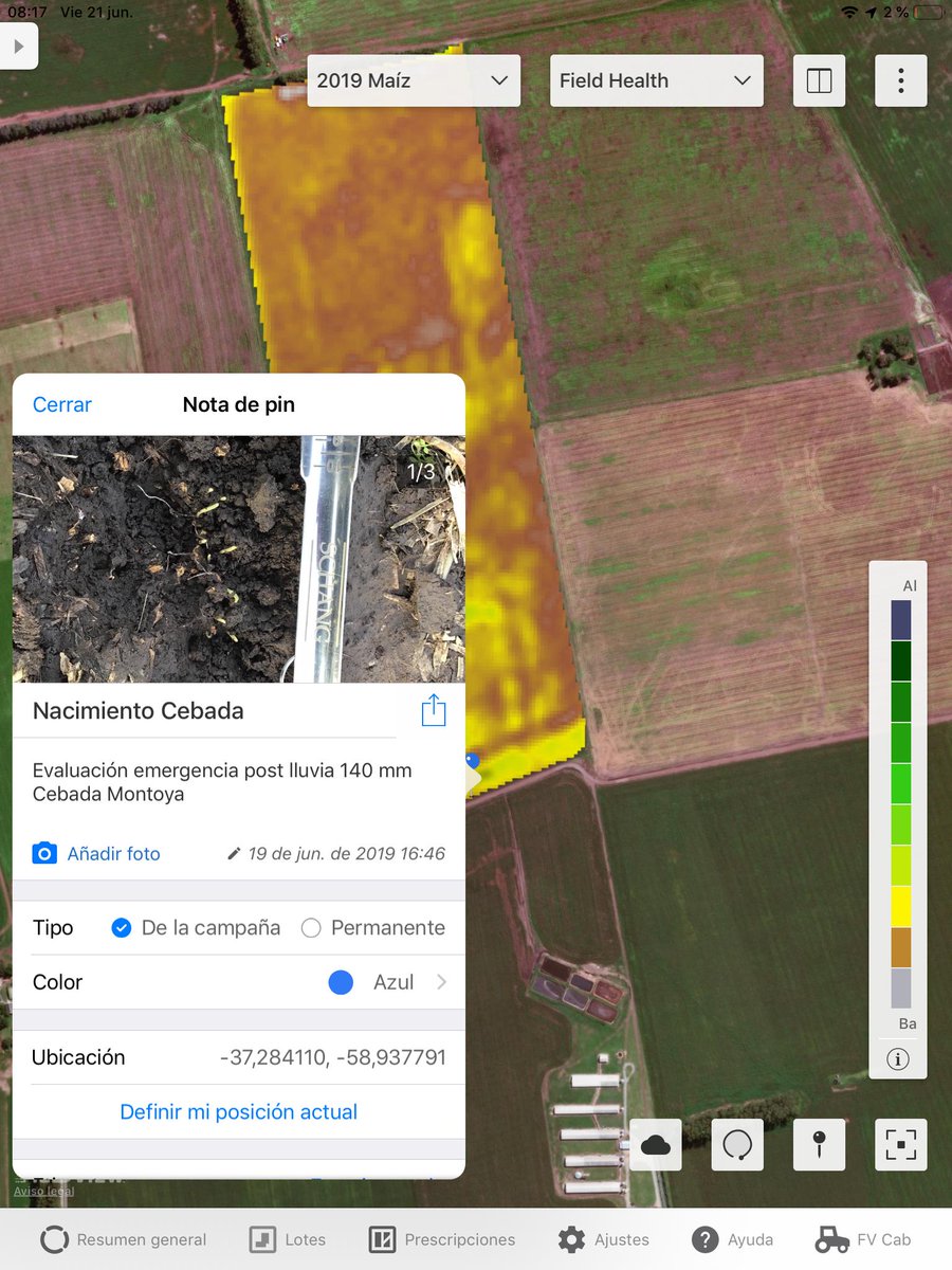 Santiguazzelli's tweet photo. Monitoreando con @FieldViewArg, los nacimientos de #cebada Montoya, después de 140 mm de lluvia el fin de semana, parece que va queriendo. Usamos pines para volver al mismo lugar y evaluar.
Lote biofertilizado con purines de cerdo.
#Agricultura 
#agtech https://t.co/gE7P9Lgdhi