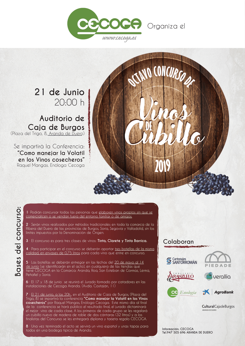 cecogainfo's tweet photo. Os recordamos que hoy es la entrega de premios del “VIII CONCURSO DE VINOS DE CUBILLO”🍷 de CECOGA a las 20:00h; Auditorio de Fundación Caja de Burgos
¡No os lo perdáis!🤩
#muchomas #cercadeti #cecoga #vinosdecubillo #Premios https://t.co/n9cLqHalp6