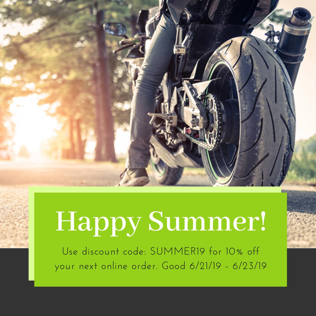 ricksmotor's tweet photo. Happy first day of Summer 2019!!

Use discount code: SUMMER19 for 10% off your next online order!  
*Discount valid for online orders only 6/21/19 - 6/23/19 https://t.co/GFWNsR3bMu