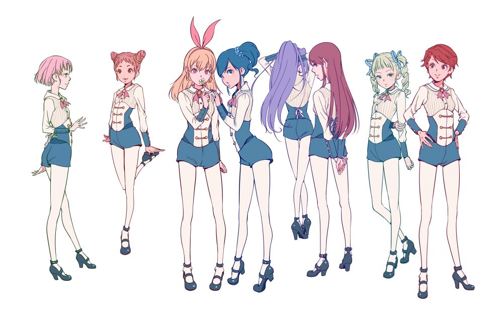kiriya aoi ,toudou yurika multiple girls high heels hair bun double bun pink hair 6+girls blue hair  illustration images