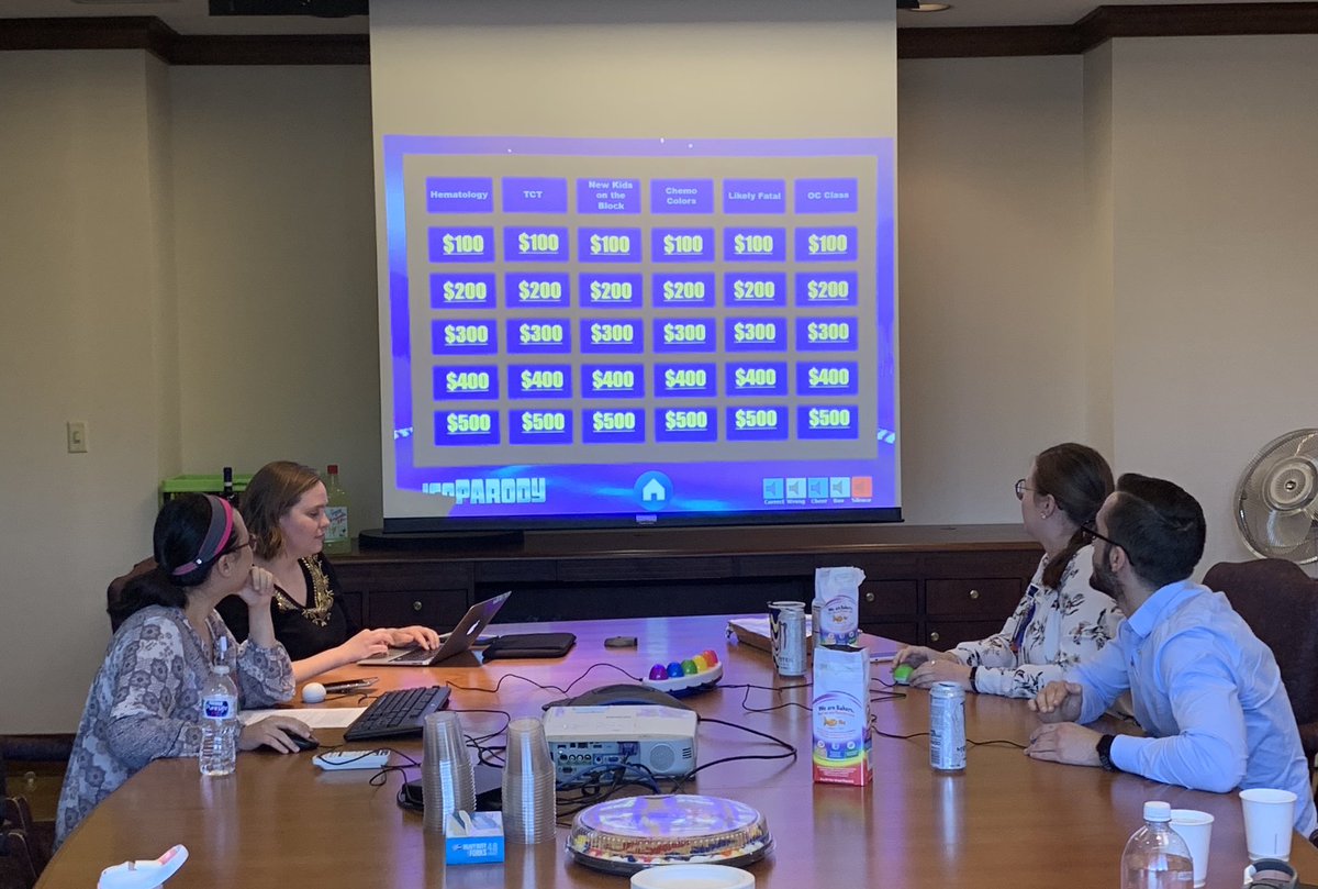 kczmj's tweet image. Each year our PGY2 residents partake in ONC jeopardy... show off what they’ve learned! Congrats to both @CasconeVJ and @MadieMurph #kucancercenter #oncopharm
