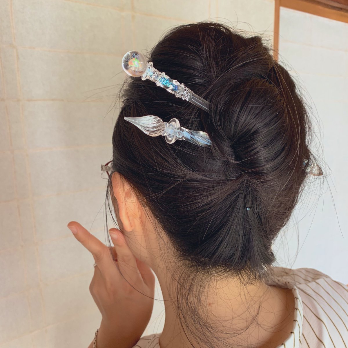 青硝子 棒状 装飾品 簪 マドラー - かんざし リボン メタル 大きめ 簪 
