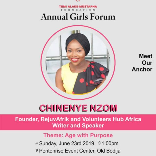 VolHubAfrica's tweet photo. Temi Alade Mustapha Foundation Presents Annual Girls Forum
Theme:Age With Purpose @chinenyenzom Will Be Anchoring The Panelist Sessions,They'll Will Be sharing their experiences With Young Female's In Relation To The Theme #TAMFoundation #GirlChildEducation #SDGs #AgeWithPurpose https://t.co/4CBGGD6aJt