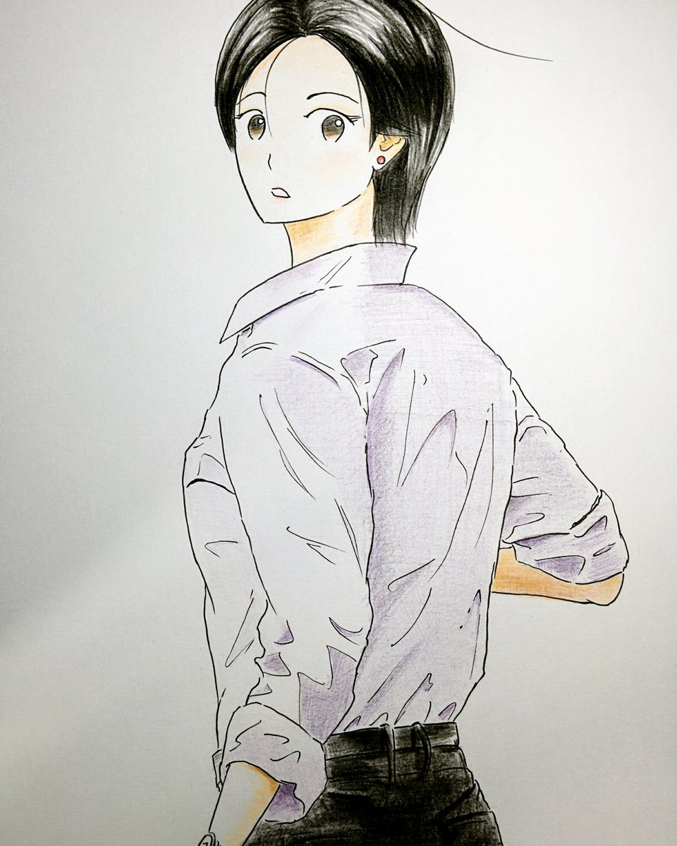Twitter पर S Sato 少し趣向を変えてショートヘアーのキャリアウーマンっぽい女性を描いてみました 手描き アナログ Ol 黒髪 筆ペン ふりむきざま 女子 色鉛筆 画用紙 ショートヘアー 人物画 Analog 美人 Cute Coloredpencil Portrait Pen