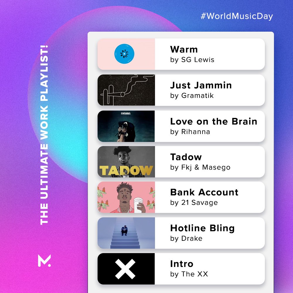 MagikBox_Media's tweet photo. We're a force to be reckoned with when our jam comes on! Here's a playlist that gets us in the zone and perform like rockstars.  
Check Us Out On Spotify: https://t.co/vWh5SD4Osu
@SGLewis_ @Gramatik @rihanna @Fkjmusic @21savage @Drake @The_xx

#WorldMusicDay #WorldMusicDay2019 https://t.co/9TU8w9NGGt