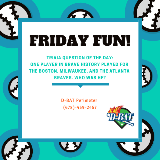 PerimeterDBAT's tweet image. Happy Friday everyone! Time for some #FridayFunTrivia and today’s question will test all of our @braves out there!