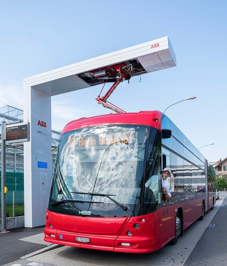 ABBgroupnews's tweet photo. Fans arriving in Swiss capital #Bern for the #SwissEPrix will be surrounded by #ABB #emobility technology, whether in @BERNMOBIL’s #OppCharge e-bus, ABB’s new e-truck or almost 250 fast-chargers installed across the country. #ABBFormulaE https://t.co/sfrjpANt3K