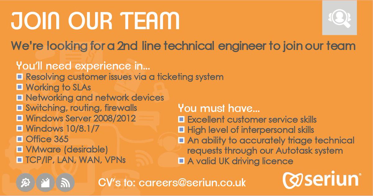Due to our continued growth and expansion, we are looking for a 2nd line engineer to join the <a href="/Seriun/">Seriun</a> team at our head office in Barrowford. Send your CV in to careers@seriun.co.uk. For further info go to our careers page: seriun.co.uk/careers/ Look forward to hearing from you!