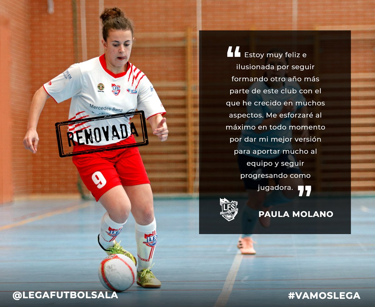 RENOVACIÓN | Otra de las juveniles que dio el salto al Segunda Nacional tras ganarlo todo con el @LEGAFUTBOLSALA. Posee una arrancada espectacular, potencia y verticalidad, además de juventud y mucha ilusión. ¡Paula Molano, RENOVADA!

#VamosLega #CreemosEnLaCantera