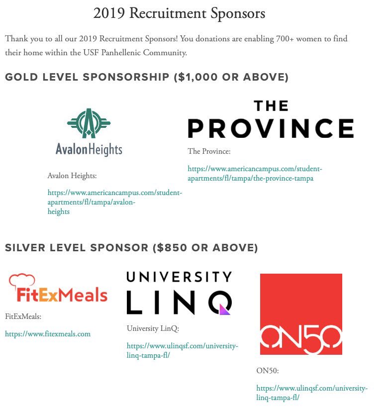 Thank you to all of our 2019 Recruitment Sponsors! Recruitment wouldn't be possible without the assistance from all of you! 
<a href="/AvalonHeights/">Cᴀᴍᴘ Aᴠᴀʟᴏɴ Hᴇɪɢʜᴛs</a> @ProvinceTampa <a href="/FitexMeals/">FitEx Meals</a> @ULinQSF <a href="/On50Tampa/">ON50tampa</a>