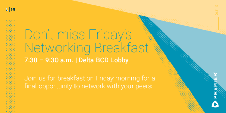 PremierHA's tweet photo. #Breakthroughs19 attendees, don't miss your last chance to network with one another and grab something to eat before heading out. Breakfast is being served until 9:30 a.m in Delta BCD Lobby. https://t.co/qfRkj4ExwC