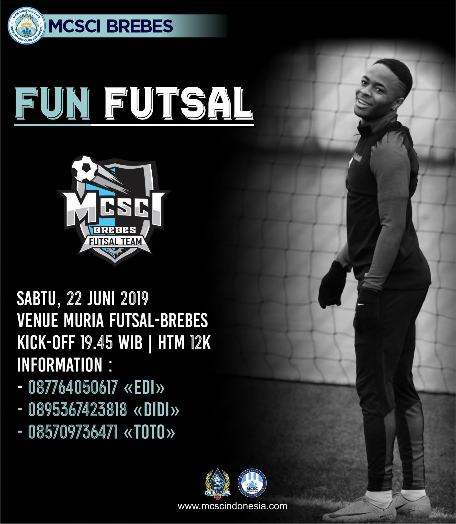 MCSCI_Brebes's tweet photo. FUN FUTSAL
Sabtu, 22 Juni 2019 | at Muria Futsal (Jl. KH. Hasyim Asyari, Pasarbatang-Brebes) | Kick-off 19.45 WIB
Yuh Ramekna Gaesss!!!ππ
.
.
@INA_Citizens @MCSCI_COJ
#futsal #brebes #mancity #mcscindonesia #mcscibrebes #mcscicentralofjava #cityzensbrexit https://t.co/ebNRn5xqgc