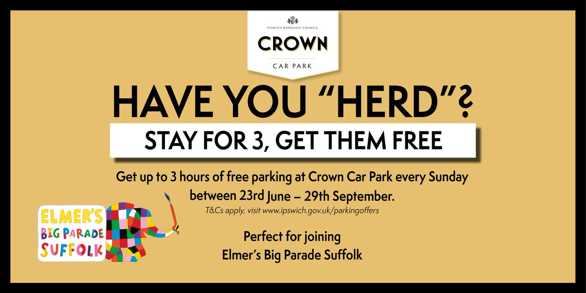 Did someone say free parking? We’re offering up to 3 hours of free parking at Crown car park every Sunday between 23rd June – 29th September.

Perfect for exploring Ipswich and joining Elmer's Big Parade Suffolk! 🐘 

T&amp;Cs apply, visit bit.ly/2DdcI6T