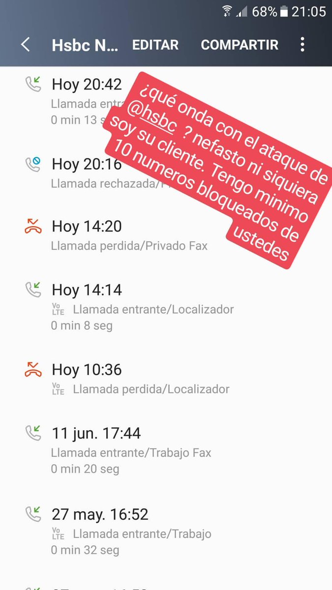 RocioGoAl's tweet photo. Fatal el acoso @HSBC_MX ya eso de las llamadas esta obsoleto, no creo ganen asi clientes, definitivamente a mi no, no entiendo, es como un tipo de tortura mutua para el que llama que le mientan la madre y para el que recibe la llamadas. https://t.co/X8g99vFybu