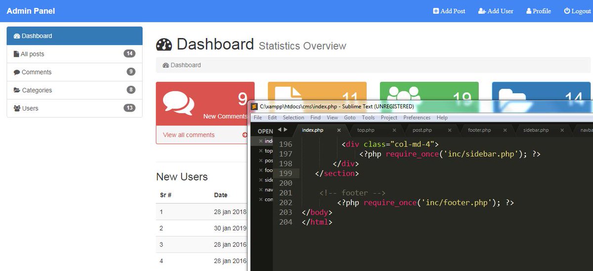 mujtaba_world's tweet photo. Working on Content_Management_System using #Html5 #Css #bootstrap #Php #SQL #Sublime_text #XAMPP Its amazing <3
#100DaysOfCode #CodeNewbie #nodejs #React #javascript #coding #Webdesign https://t.co/qhCwUBnEQy