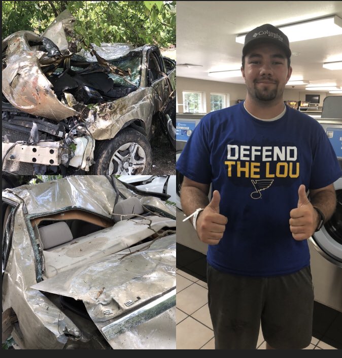 Was in a bit of a fender bender the other day..... but thanks to the good Lord watching over me and my <a href="/StLouisBlues/">St. Louis Blues</a> shirt I was wearing in the accident I walked away with no injuries! #MyGodisBIG #GoBlues #PlayGLORIA