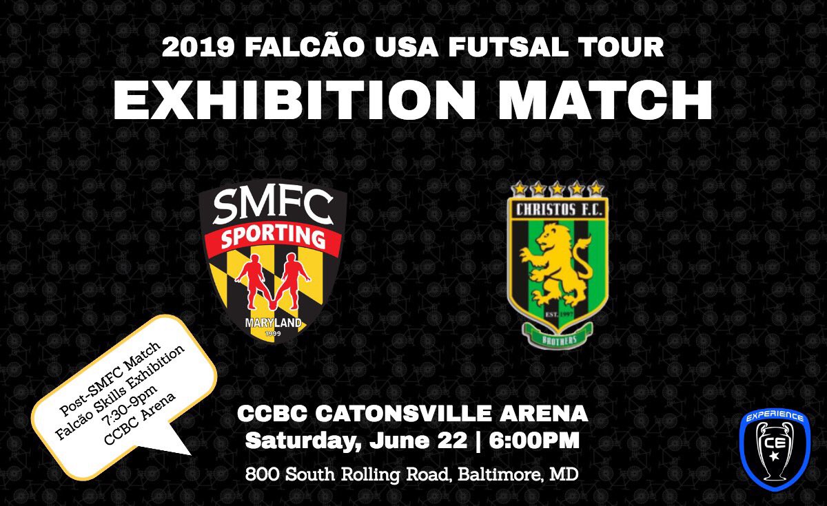SportingMD's tweet image. ⁣🚨SMFC EXHIBITION🚨⠀
⠀
🥅 Sporting MD v. Christos FC⠀
📆 June 22⠀
⏰ 6pm kickoff⠀
🏟 CCBC Arena⠀
⠀
Sporting are set to take on Christos FC in a showcase exhibition Futsal match in collaboration with the 2019 Falcão USA Futsal Tour. ⠀
⠀
Come out and support! #Futsal