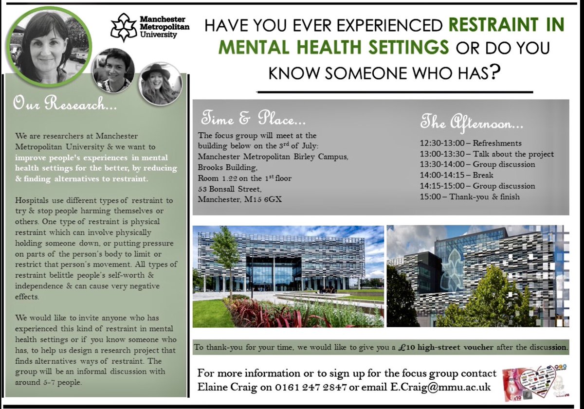 Have u experienced physical #restraint in #mentalhealth settings & want 2help reduce #RestrictivePractices ?
Join us on 3rd July in #MCR & help #CoDesign our @MMU_Research project👇🏼 
RT
@JoyDuxbury @theRRNetwork @irisbenson100 @Mental_Elf @MorrisonBeth #restraintreduction