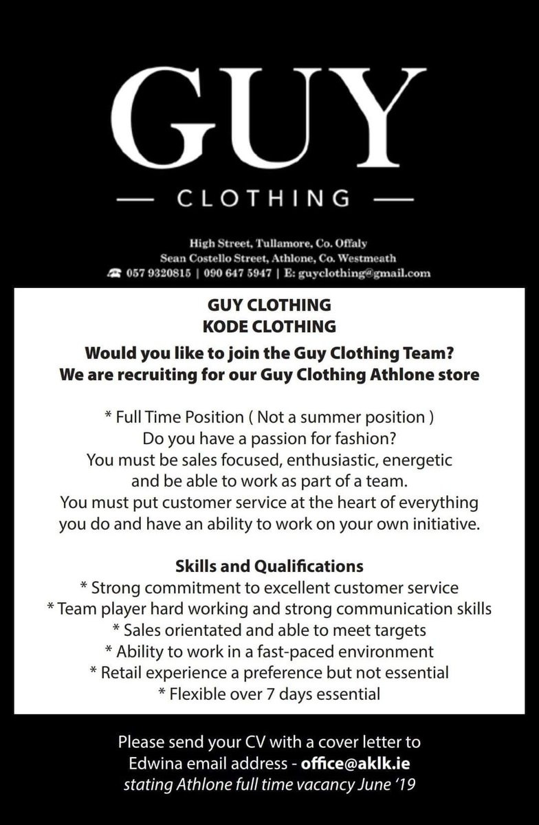 GuyClothing's tweet photo. Come join the team ๐
All applicants have to be available full time all year round. This is not a summer position. #athlone #fulltimeonly #vacancy #Recruiting #jobs #guyclothing https://t.co/Tqd8ZZGP8N