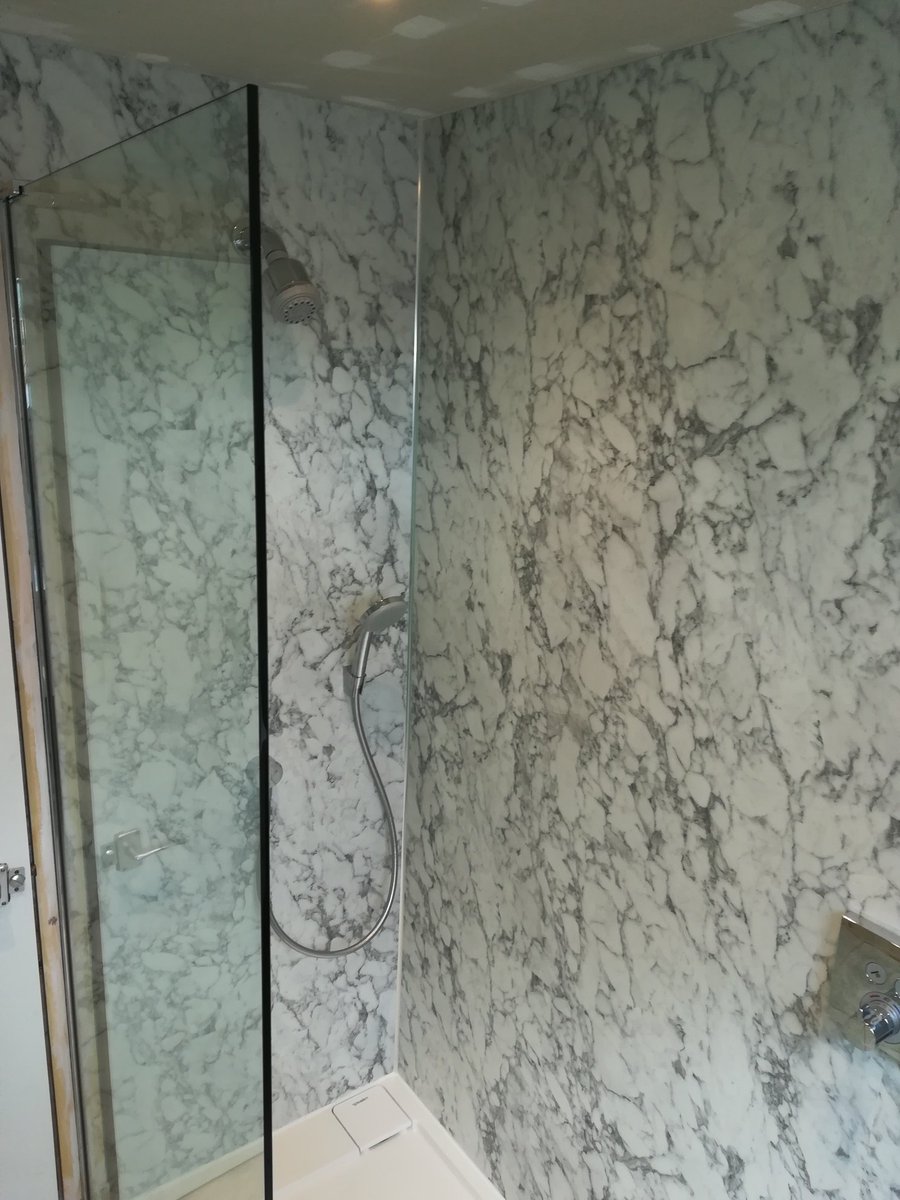 Thanks to our #Perth customer, Craig Rossie Conservatories for sending in these images of the finished #bathroom project using our Nuance Turin Marble Ultra Matt T&amp;G Panel. Looks great! 👍