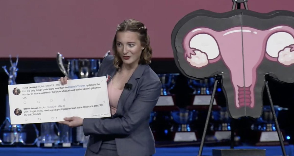 speechanddebate's tweet photo. "For literally thousands of years, we've been obsessed with what happens inside a woman's uterus and how that impacts how she acts." 

"Who are you calling hysterical?" is our next Informative Speaking performance at #Nats19! #NatsBackstage https://t.co/s1olbLs76y