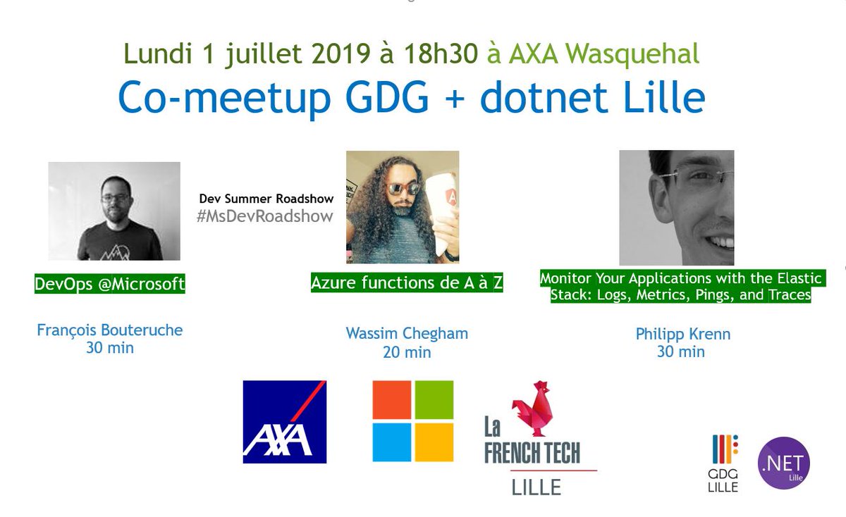 MTG_Lille's tweet photo. @MeetupFR @guiChervet @olivierleplus Transformation en co-meetup avec l'aide du @GDGLille, plus de talks en gardant le timing !
Au programme du 1er Juillet :
- #DevOps @Microsoft
- #Azure functions
- Monitor Your Applications with the #ElasticStack 
@AXAJobs_fr @LaFrenchTech #MsDevRoadShow
https://t.co/mtzPzP7Nb7 https://t.co/1rcwyqrlJB