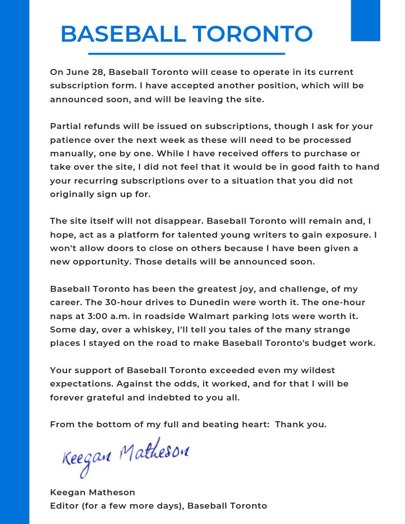 BaseballTOR's tweet image. A message from Baseball Toronto editor, @KeeganMatheson.

More details will be available at @BaseballTOR over the coming days.
