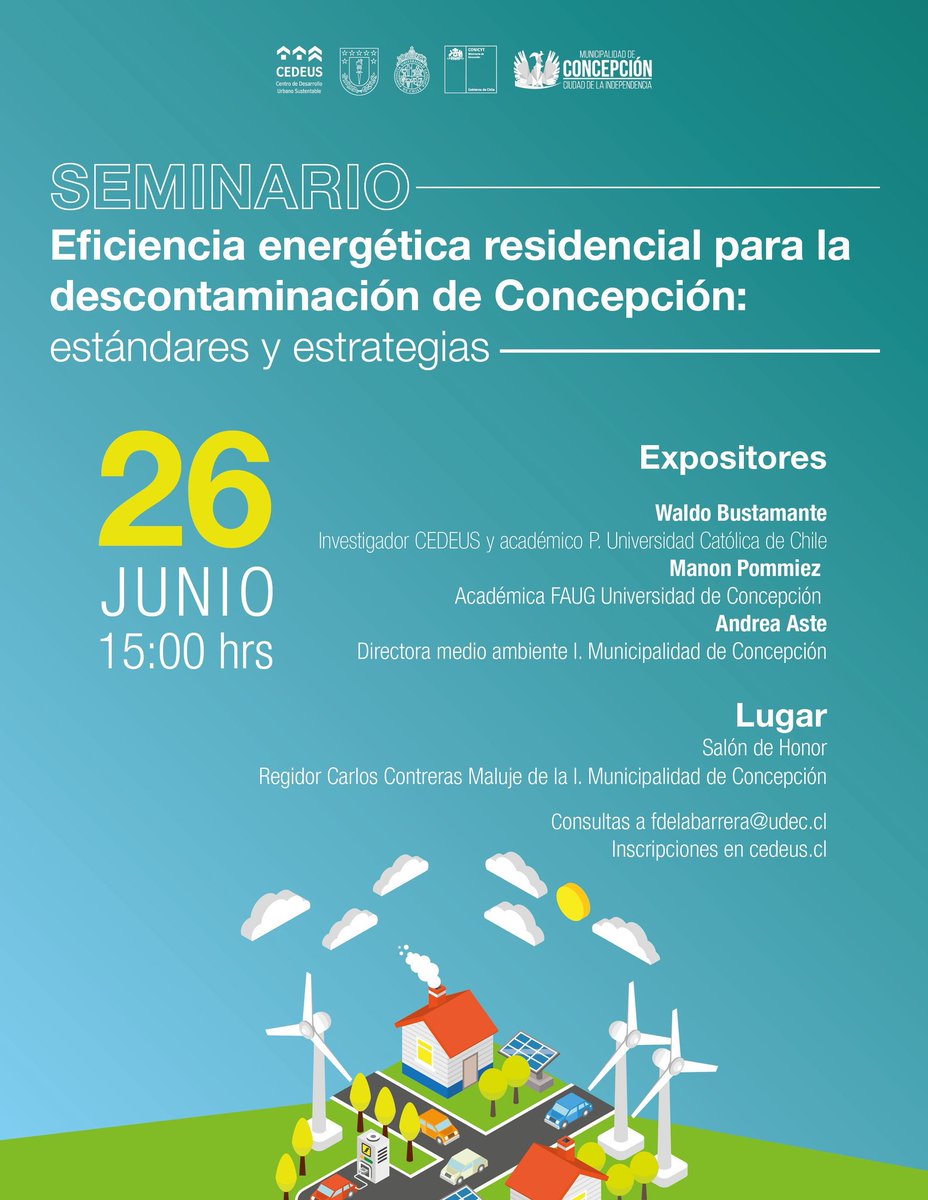 🗓 El próximo 26/06 se realizará el #Seminario "Eficiencia energética residencial para descontaminación de #Concepción: estándares y estrategias", en el Salón de honor de la <a href="/Muni_Concepcion/">Municipalidad de Concepción</a> Si quieres participar, puedes inscribirte sin costo AQUÍ 👉 cedeus.cl
