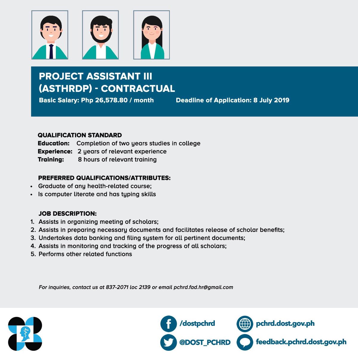 DOST PCHRD (@dost_pchrd) on Twitter photo WE ARE HIRING!
For more details, check the links below:
pchrd.dost.gov.ph/index.php/care…
pchrd.dost.gov.ph/index.php/care…
For inquiries, you may also call 837-2071 loc. 2139 or email humanresource@pchrd.dost.gov.ph or pchrd.fad.hr@gmail.com
#jobhiring #healthresearchph #dostpchrd WE ARE HIRING!
For more details, check the links below:
pchrd.dost.gov.ph/index.php/care…
pchrd.dost.gov.ph/index.php/care…
For inquiries, you may also call 837-2071 loc. 2139 or email humanresource@pchrd.dost.gov.ph or pchrd.fad.hr@gmail.com
#jobhiring #healthresearchph #dostpchrd