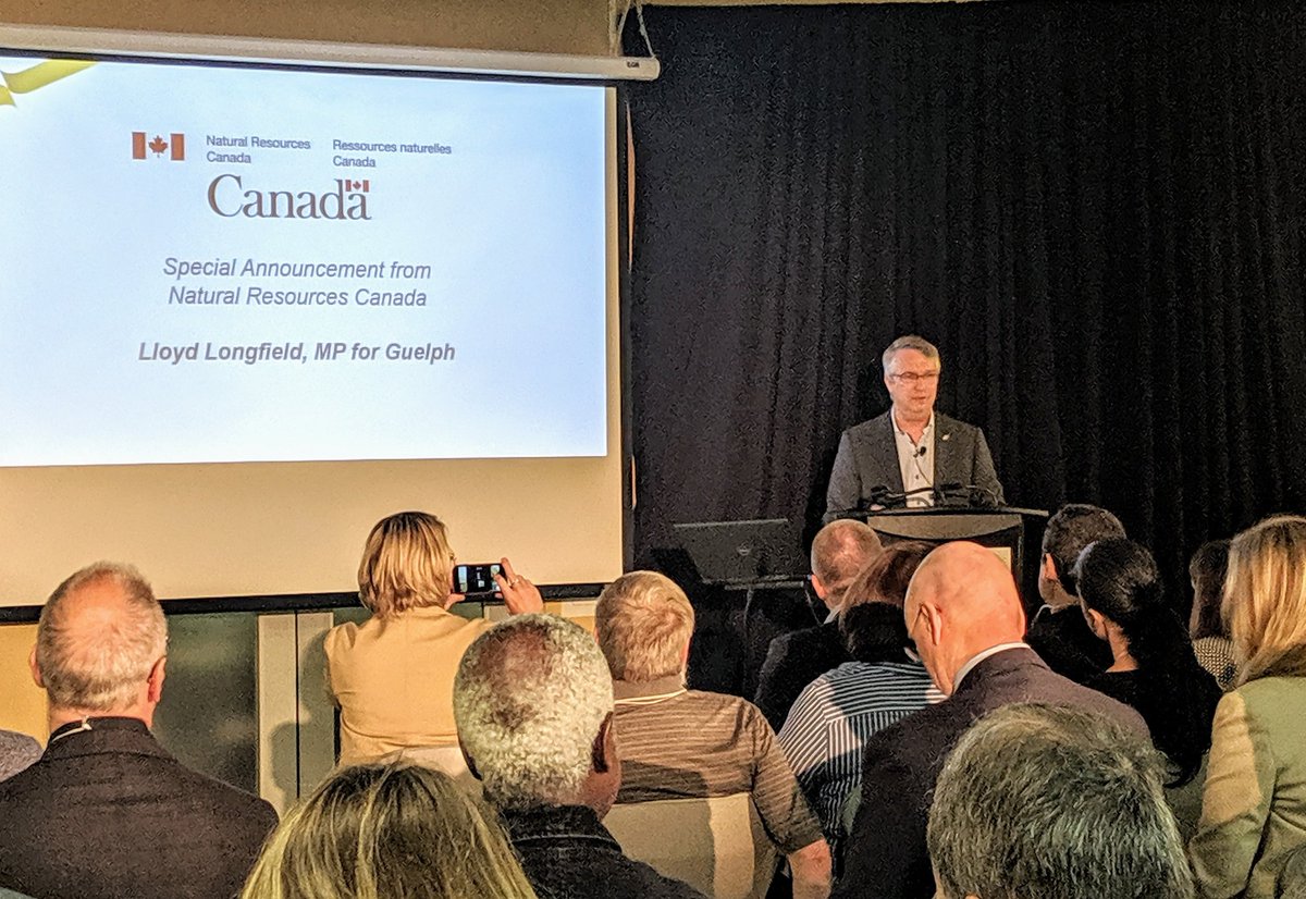 Special announcement from MP @LloydLongfield on behalf of @NRCan $3 million funding for #energyinnovation projects   #alectraGREATcentre @ourenergyguelph #renewableenergy #conservation #climatechange