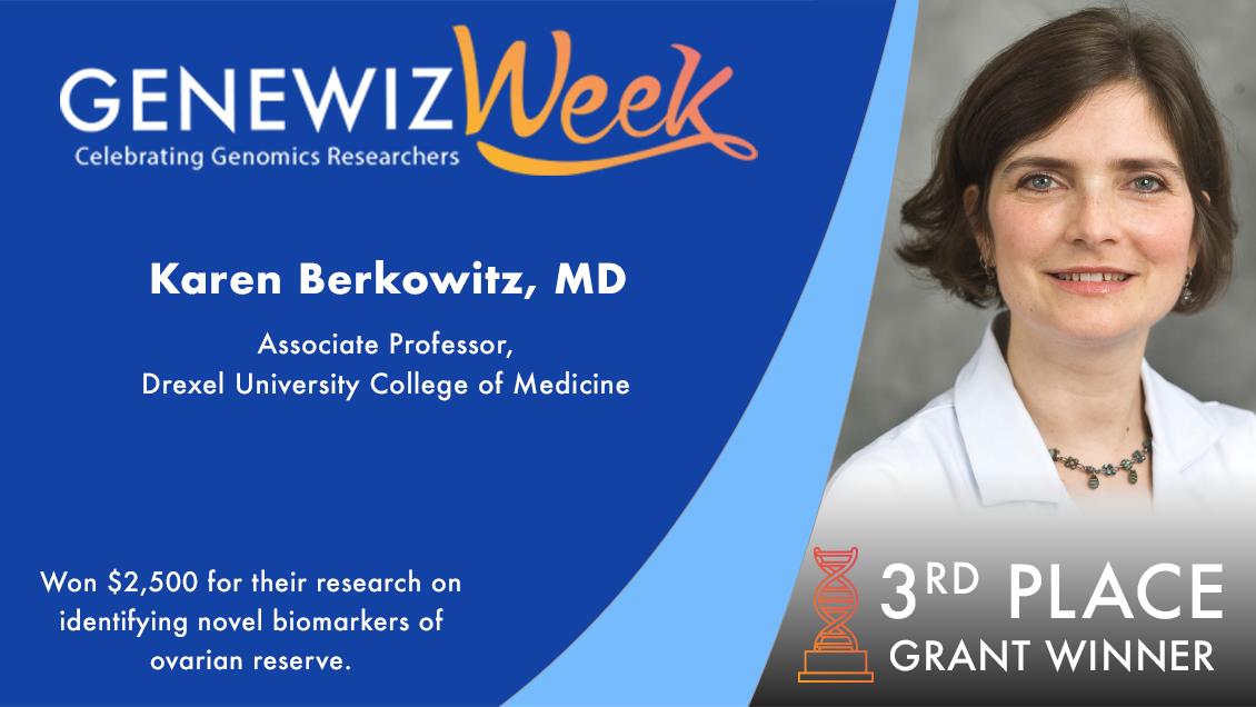 AzentaSciences's tweet photo. The #GENEWIZWeek fun’s not over yet! Congratulations to our second 3rd place grant winner, Karen Berkowitz, MD of 
@DrexelMedicine, for their research on identifying novel biomarkers of ovarian reserve cultures: https://t.co/vbaexpobPX #grantwriting https://t.co/7DYJeQBa9J