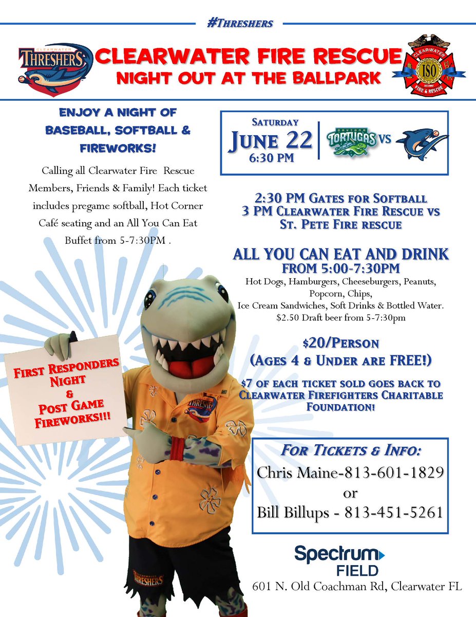 clearwaterfire's tweet photo. Looking for fun for your Saturday? Check out our charity softball game at 3 at #SpectrumField against @StPeteFR and then the @Threshers first responder tribute game at 6:30. Agency vehicles will be on hand, as well as Sophia the arson dog. Great family friendly fun for all ages! https://t.co/KeeSmQUwjm