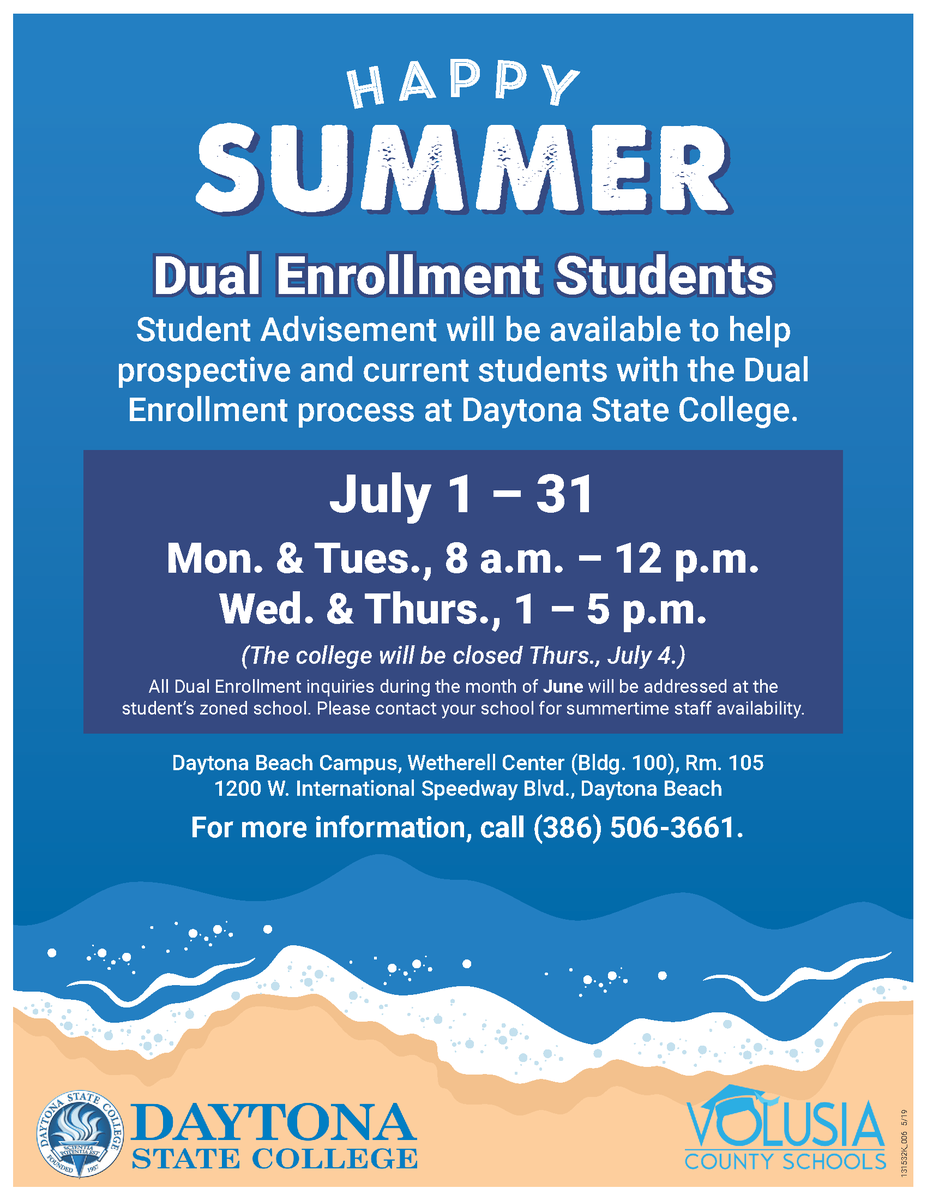 Volusia AIMS (@volusia_aims) on Twitter photo Attention current and prospective Dual Enrollment students! Student advisement will be available to help with the Dual Enrollment process at Daytona State College during the month of July. <a href="/volusiaschools/">Volusia County Schools</a> <a href="/vcsStdntGovRel/">@VCSStudentGovRel</a> Attention current and prospective Dual Enrollment students! Student advisement will be available to help with the Dual Enrollment process at Daytona State College during the month of July. <a href="/volusiaschools/">Volusia County Schools</a> <a href="/vcsStdntGovRel/">@VCSStudentGovRel</a>