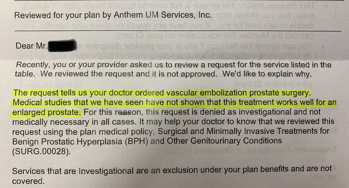 Ari Isaacson (@ariisaacsonmd) on Twitter photo Denial letter from <a href="/AnthemBCBS/">Anthem Blue Cross and Blue Shield</a> for PAE coverage. “Medical studies that we have seen have not shown that this treatment works well for an enlarged prostate.” Please reply if you think otherwise <a href="/SandeepBaglaMD/">Sandeep Bagla MD</a> <a href="/keithppereira/">Keith Pereira MD, #VIrad</a> <a href="/DrRastinehad/">Dr. Art Rastinehad</a> @DrJLeeIR <a href="/SBHATIAMD/">Shivank Bhatia</a> <a href="/IR_SchwartzMD/">Scott Schwartz</a> Denial letter from <a href="/AnthemBCBS/">Anthem Blue Cross and Blue Shield</a> for PAE coverage. “Medical studies that we have seen have not shown that this treatment works well for an enlarged prostate.” Please reply if you think otherwise <a href="/SandeepBaglaMD/">Sandeep Bagla MD</a> <a href="/keithppereira/">Keith Pereira MD, #VIrad</a> <a href="/DrRastinehad/">Dr. Art Rastinehad</a> @DrJLeeIR <a href="/SBHATIAMD/">Shivank Bhatia</a> <a href="/IR_SchwartzMD/">Scott Schwartz</a>