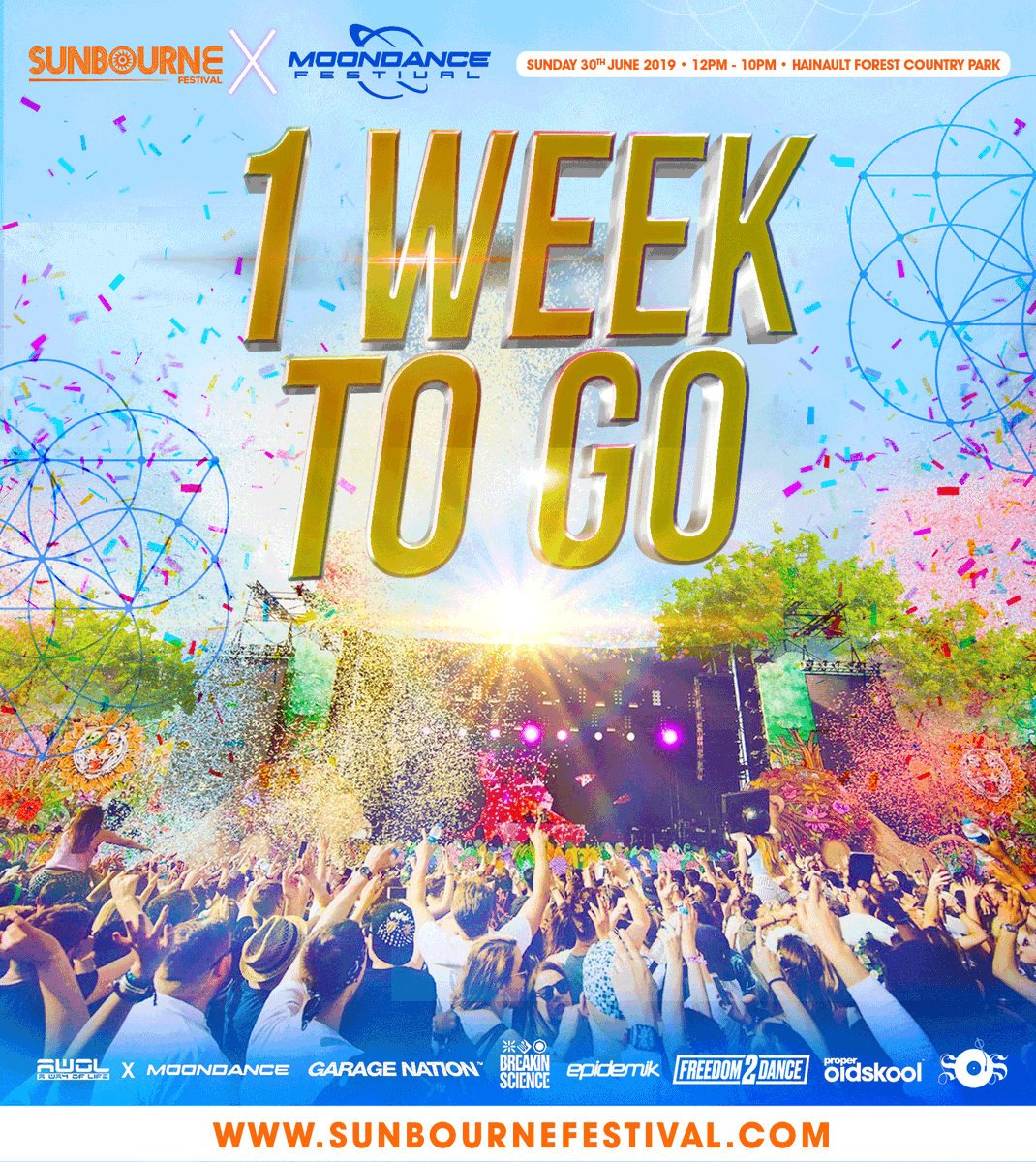 1 WEEK TODAY! Sunbourne x Moondance Festival 2019 lands at Hainault Forest Country Park for London’s ultimate rave festival with over 100 artists and 5 stages of Jungle, UK Garage, Drum &amp; Bass, Old Skool &amp; House Classics!

Final £30 tickets: sunbournefestival.com