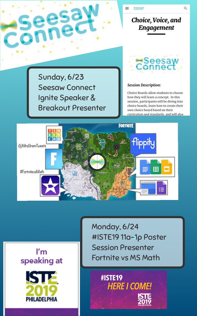 MrsBrem's tweet photo. @Seesaw ➕Add Monday’s “Battle Royale:#FortnitevsMath” to your list, as well! I’ll be sharing all of the resources used with @Seesaw being a main target 🎯 AND I’ll have a few students joining me L.I.V.E.! #ISTE19 #PresentersofISTE https://t.co/lSqPOp9iSS