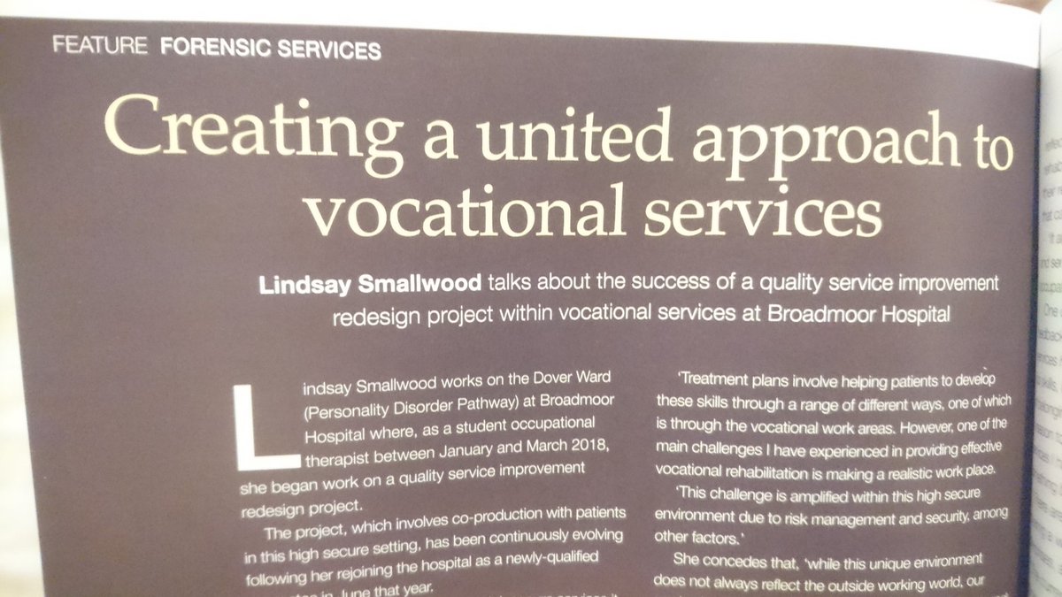 TheVenusMadden's tweet image. A reflective article written by my then student and now an awesome OT colleague Lindsay, discussing her involvement and work in our QSIR project in the vocational service. Well done Lindsay! @RCOT_MH @RCOTStudents #forensicmentalhealth #highsecure #QSIR