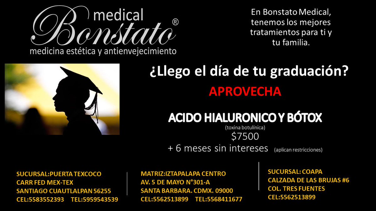 BonstatoMedical's tweet photo. Llego el momento de lucir espectacular para u graduacion. Ven a Bonstato Medical, en donde encontraras lo mejor para tu Salud y Piel. https://t.co/a6jOdUmFah