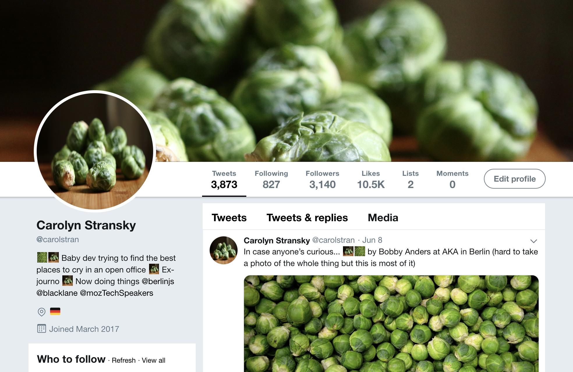 A screenshot of my Twitter page but all of the images and emojis are replaced with pictures of brussels sprouts.