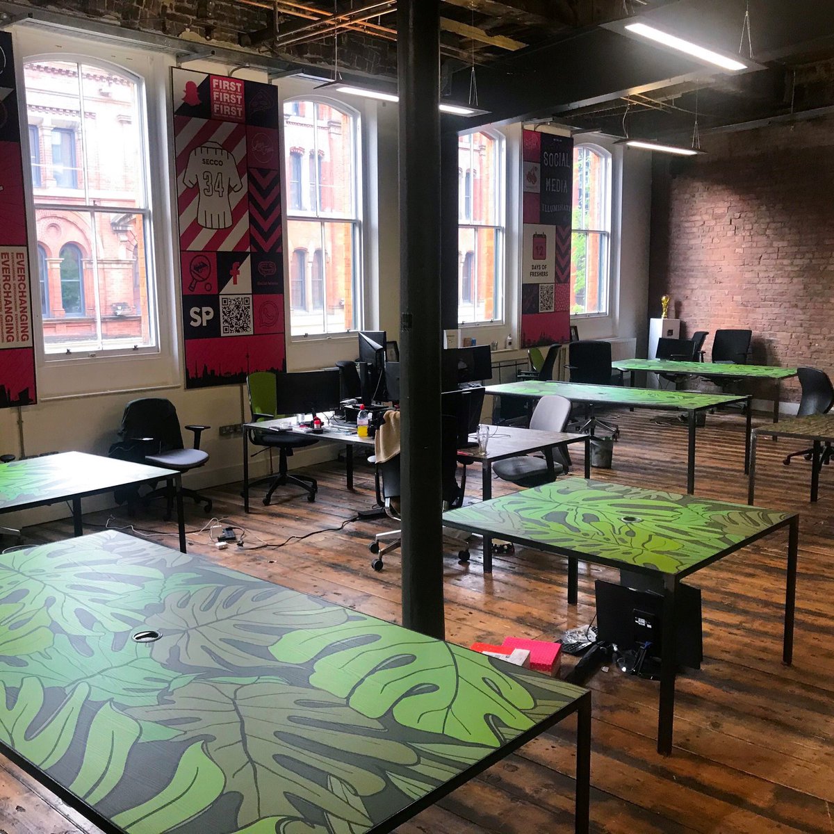 The tables being wrapped in our Architectural Decor Film for one of @TheSocialChain Manchester’s funky office spaces.