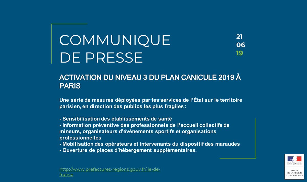 #Communiqué 📝☀️Alerte Canicule de Niveau 3🌡️
Le préfet a décidé de déclencher ce dimanche 23 juin, le plan départemental de gestion de canicule à Paris élaboré avec <a href="/prefpolice/">Préfecture de Police</a> le préfet de la zone de défense et de sécurité de Paris, <a href="/ARS_IDF/">ARS Île-de-France</a> et la maire
bit.ly/2Xkk323