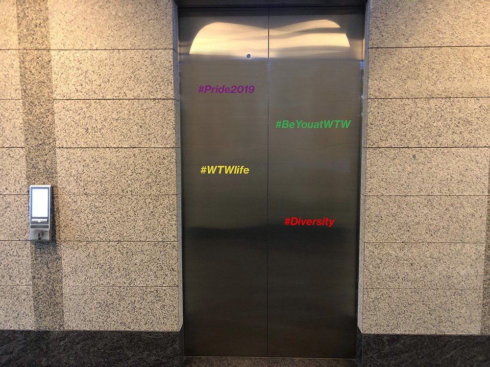 WTWcorporate's tweet photo. That's one way to ride in style! Our colleagues, clients and guests in Mexico City are greeted with #Pride2019 as they ride our elevators. #BeYouatWTW #WTWLife https://t.co/fFL4rMy8bB