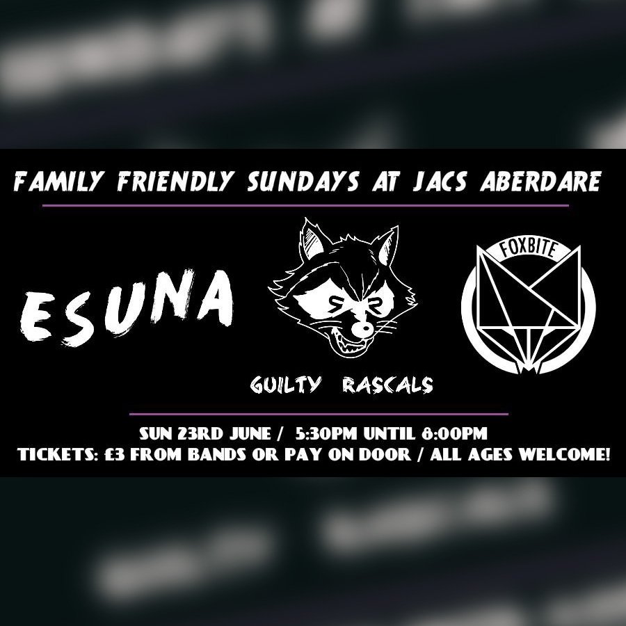 Esuna (@esunaband) on Twitter photo Coming out to play a headline show in the valleys. Get down to <a href="/JacsAberdare/">Jacs Aberdare</a> this SUNDAY to get yourself checked out for riff deficiency. We are qualified riff doctors who are standing by and ready to help. We also have @GuiltyRascals and <a href="/FoxbiteUK/">Foxbite 🦊</a> to help administer riffs. Coming out to play a headline show in the valleys. Get down to <a href="/JacsAberdare/">Jacs Aberdare</a> this SUNDAY to get yourself checked out for riff deficiency. We are qualified riff doctors who are standing by and ready to help. We also have @GuiltyRascals and <a href="/FoxbiteUK/">Foxbite 🦊</a> to help administer riffs.