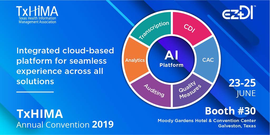 EZDIInc's tweet photo. Attending 2019 Texas Health Information Management Association Convention in Galveston, Texas? Remember to stop by ezDI's booth #30 and say hello.

#TXHIMA2019 #ICD10 #Coding #ClinicalDocumentation #CodingCompliance #HealthcareAI #ArtificialIntelligence https://t.co/tyhEFZ6rVF