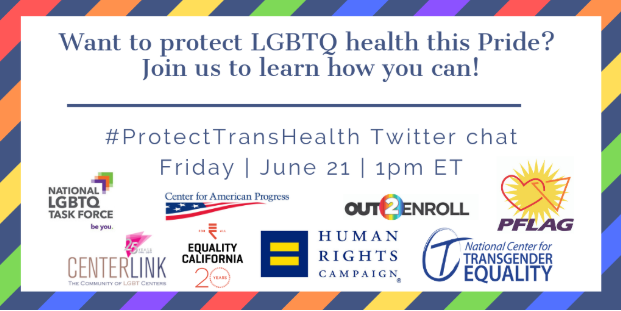PFLAG's tweet image. Join us and our friends @Out2Enroll ~ @TransEquality ~ @LGBTProgress@LGBTActionLink ~ @TheTaskForce ~ @ACLU ~ @HRC ~ @NWLC ~ @NCLRights for a #ProtectTransHealth chat TODAY at 1:00 PM ET. Learn how you can help protect the #LGBTQ community! Take #Pride and #PutPatientsFirst!