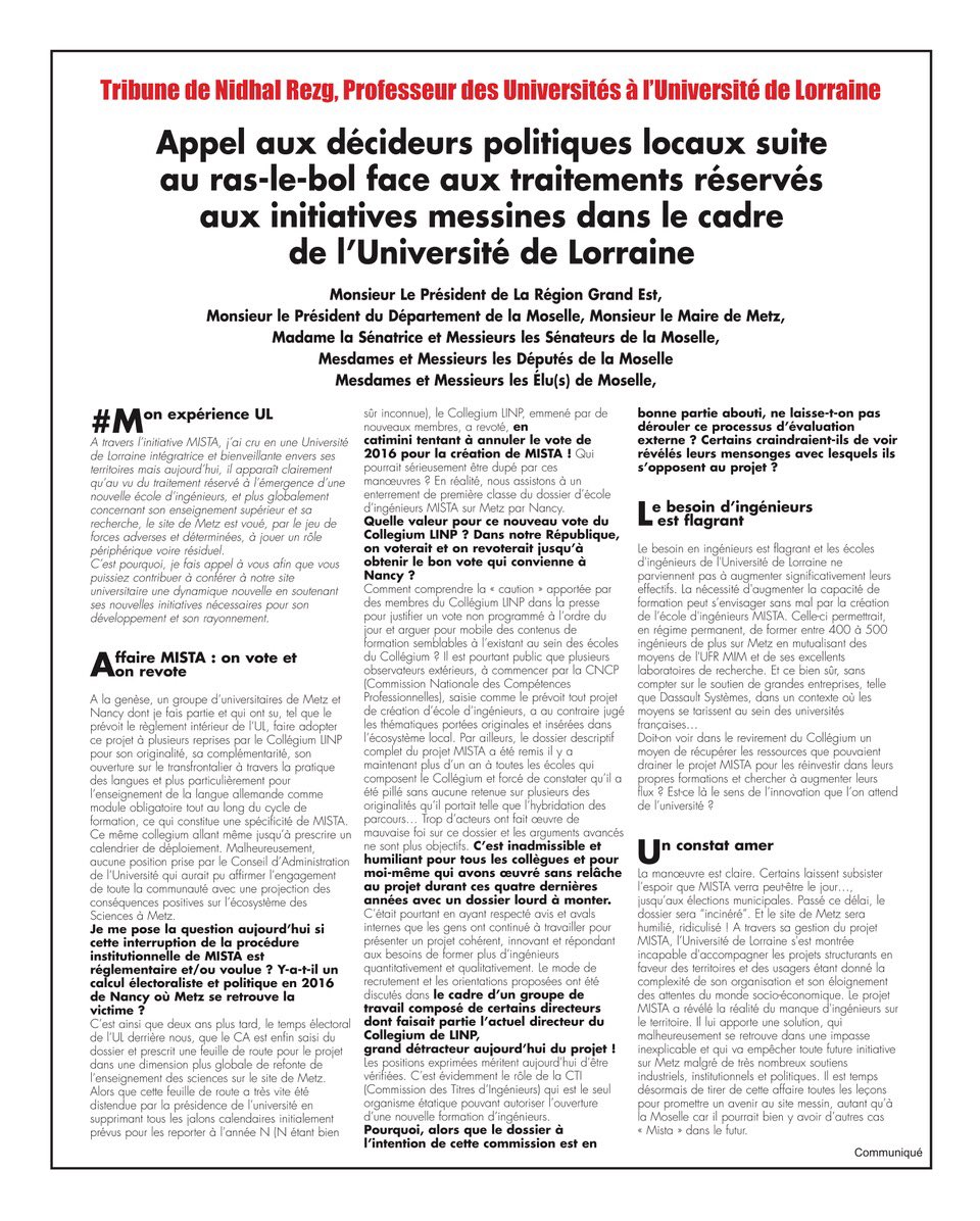 RezgNidhal's tweet photo. #monexperienceUL m'oblige à faire appel aux décideurs politiques suite au ras-le-bol face aux traitements réservés aux initiatives messines dans le cadre de @Univ_Lorraine @Hebdo_LaSemaine n°730 du 13/6” @MairiedeMetz @MetzMetropole @MoselleCD57 @regiongrandest https://t.co/RWCQxuvFUF