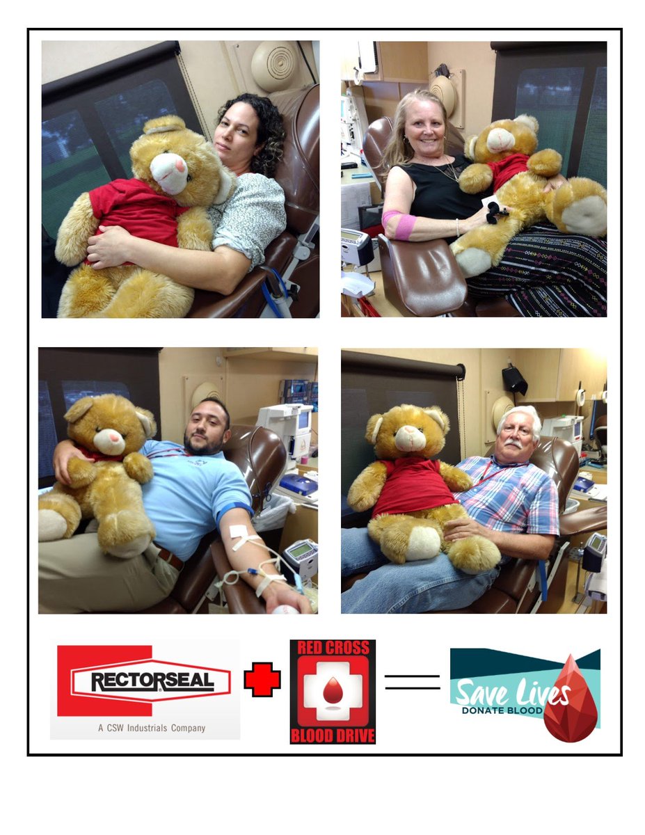 CSWIndustrials's tweet photo. Blood drive at #RectorSeal... Round 2!   Get ready for the next one in September - Donor, the bear, will be waiting :) #giveblood #Americanredcross https://t.co/npuxbRApya