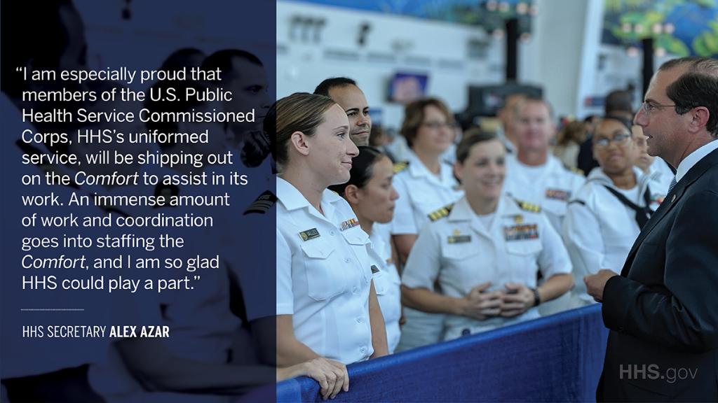 SecAzar's tweet photo. I'm especially proud that members of the U.S. Public Health Service #CommissionedCorps are shipping out on the USNS Comfort as it deploys to the Caribbean and Latin America as part of the work the U.S. is doing to address the humanitarian crisis in #Venezuela. #USPHSCC https://t.co/MgZITifyBl