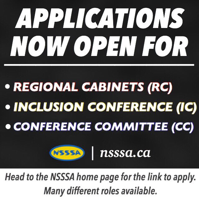 NSSSA's tweet photo. Hey NSSSA! Applications are now open for Regional Cabinets, Inclusion Committee, and Conference Committee! Head to our home page https://t.co/TodquMXML7 to find the link to apply! There are many amazing positions available so make sure to get them in before July 5th! https://t.co/1OXHk4iMpv